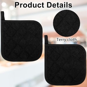 2 Pcs Cotton Pot Holders, 17cm/6.7-Inch Square Potholders for Kitchen, Non Slip Kitchen Pot Holders Cotton Lining Hot Pads for Baking Cooking Oven (Black)