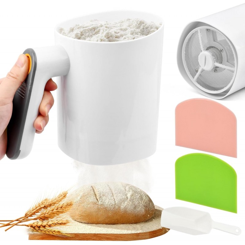 Electric Flour Sifter, Battery Operated Flour Sifter Cup，Easy to Clean, Ergonomical Handle FlourS Sieve for Cooking, 4 Cup Sieve, Pastry Baking(COLOR:white)
