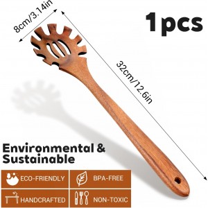 Spaghetti Spoon Wooden Pasta Spoon with Teeth Spaghetti Fork Tongs 12.5 Inch Teak Slotted Strainer Spoons for Cooking Serving Collecting, Wooden Fork Server Utensil with Claws, Wood Noodle Strainer