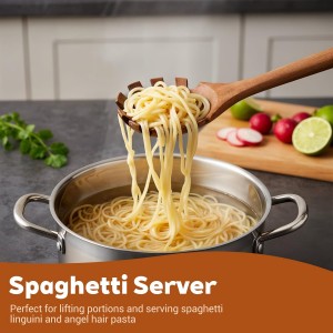 Spaghetti Spoon Wooden Pasta Spoon with Teeth Spaghetti Fork Tongs 12.5 Inch Teak Slotted Strainer Spoons for Cooking Serving Collecting, Wooden Fork Server Utensil with Claws, Wood Noodle Strainer