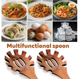 Spaghetti Spoon Wooden Pasta Spoon with Teeth Spaghetti Fork Tongs 12.5 Inch Teak Slotted Strainer Spoons for Cooking Serving Collecting, Wooden Fork Server Utensil with Claws, Wood Noodle Strainer