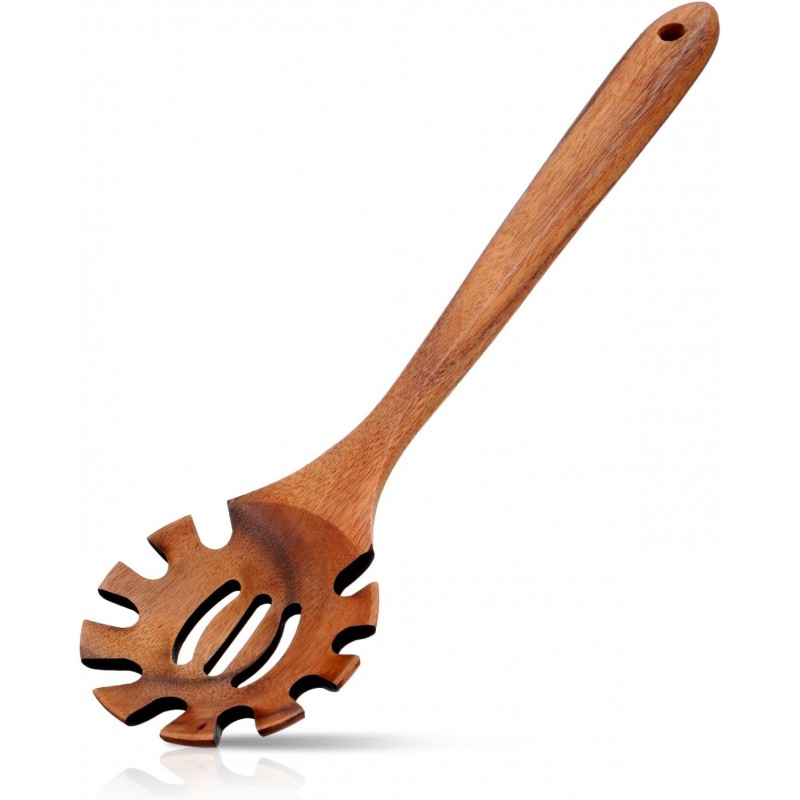 Spaghetti Spoon Wooden Pasta Spoon with Teeth Spaghetti Fork Tongs 12.5 Inch Teak Slotted Strainer Spoons for Cooking Serving Collecting, Wooden Fork Server Utensil with Claws, Wood Noodle Strainer