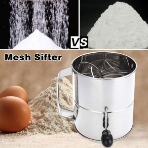 Flour Sifter, 8 Cup Flour Sifter for Baking Fine Mesh Rotary Hand Crank Sifters Stainless Steel with Loop Agitator for Quick Sifting, Flours Duster(COLOR:Silver)