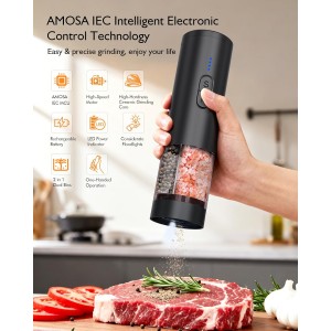 Electric Salt and Pepper Grinder Set, 2 in 1 Dual Bins USB Rechargeable Refillable Automatic Salt and Pepper Mill Shaker with LED Light, Dual Ceramic Grinder Adjustable Coarseness, kitchen gift, Black