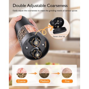Electric Salt and Pepper Grinder Set, 2 in 1 Dual Bins USB Rechargeable Refillable Automatic Salt and Pepper Mill Shaker with LED Light, Dual Ceramic Grinder Adjustable Coarseness, kitchen gift, Black
