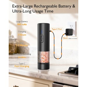 Electric Salt and Pepper Grinder Set, 2 in 1 Dual Bins USB Rechargeable Refillable Automatic Salt and Pepper Mill Shaker with LED Light, Dual Ceramic Grinder Adjustable Coarseness, kitchen gift, Black