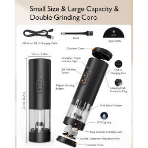Electric Salt and Pepper Grinder Set, 2 in 1 Dual Bins USB Rechargeable Refillable Automatic Salt and Pepper Mill Shaker with LED Light, Dual Ceramic Grinder Adjustable Coarseness, kitchen gift, Black