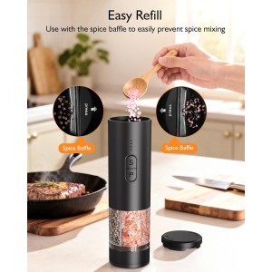 Electric Salt and Pepper Grinder Set, 2 in 1 Dual Bins USB Rechargeable Refillable Automatic Salt and Pepper Mill Shaker with LED Light, Dual Ceramic Grinder Adjustable Coarseness, kitchen gift, Black
