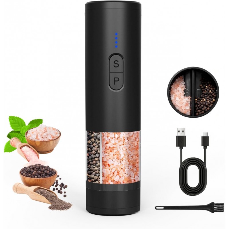 Electric Salt and Pepper Grinder Set, 2 in 1 Dual Bins USB Rechargeable Refillable Automatic Salt and Pepper Mill Shaker with LED Light, Dual Ceramic Grinder Adjustable Coarseness, kitchen gift, Black