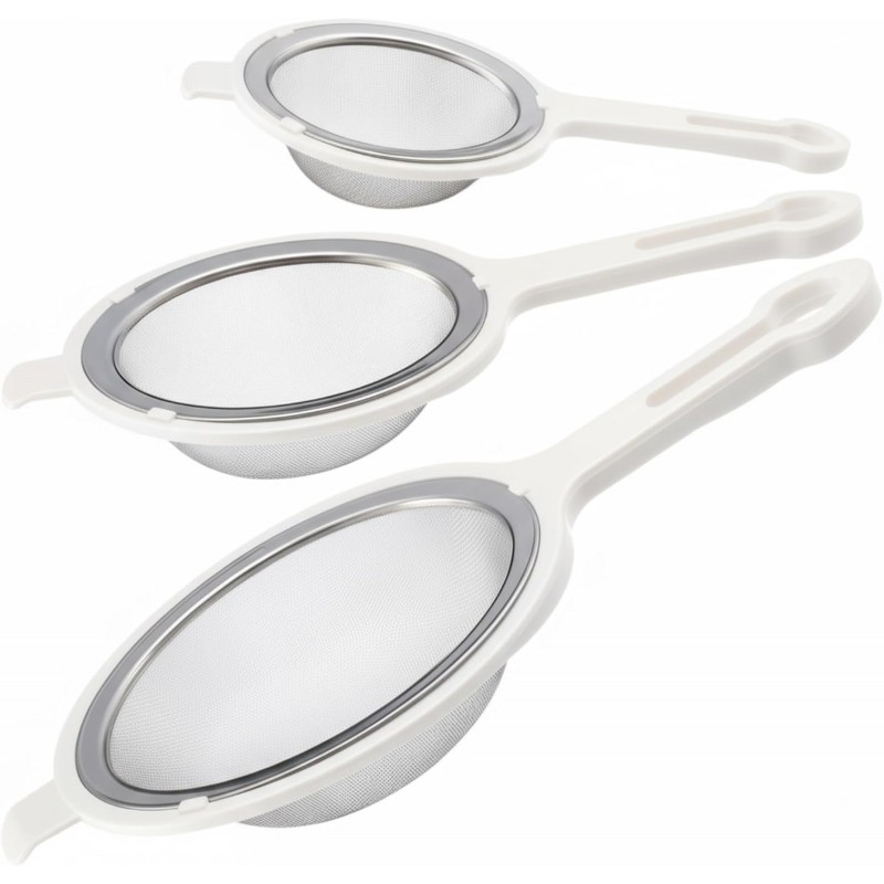 LemonRoad Set of 3 Stainless Steel Mesh Strainer 304 Fine Mesh Filters with Ergonomic Handles and Hanging Ears for Oil Filter Skimming Grease and Foam(White)