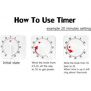 2 Pcs Kitchen Timer with Alarm : Square 60 Minute Mechanical Visual Cooking, Time Management Tools Hour Manual Countdown Timer for Baking, Homework, Exercise Auto Off No Batteries Required White