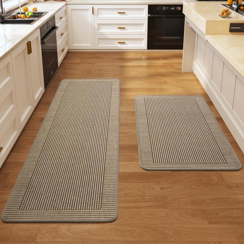 Kitchen Rugs Set of 2,Kitchen Mats for Floor, Runner Rugs Non Slip Washable Absorbent Kitchen Floor Mat, Braided Kitchen Sink Rug, 17''x30''+17''x47'' Brown