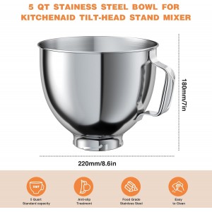 5 QT Food-Grade Stainless Steel Mixer Bowl Compatible With KITCHENAID TILT-HEAD STAND MIXERS 4.5-5 Quart, with Anti-slip handle & Prominent Clasp, Stainless Steel Polished
