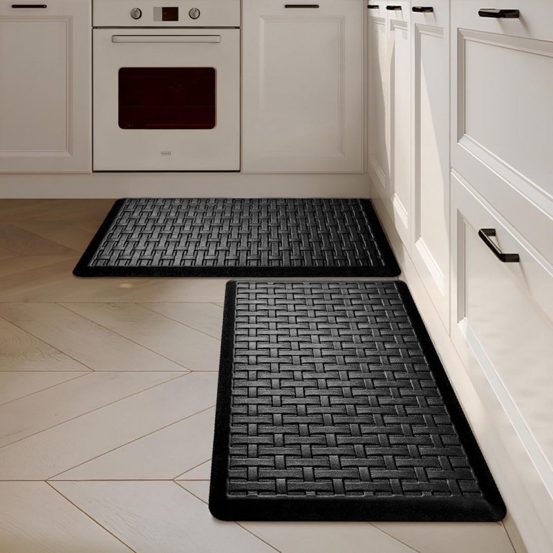2PCS UKISS Kitchen Rugs, Cushioned Anti Fatigue Kitchen Mats for Floor, Waterproof Kitchen Rug，Non-Slip Comfort Standing Mat for Kitchen (Black, 17.3