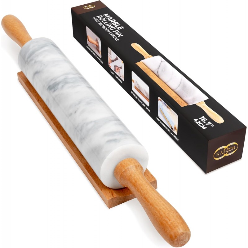 16.7 Inches Marble Rolling Pin for Baking with Wooden Handles & Wooden Cradle - Rolling Pin for making Pizza Dough & Tortillas, Dough Roller for Pasta, Cookie, Pie Crust and More!