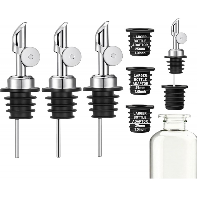 3 Pack Olive Oil Pour Spout with Adapters, Oils Pourer for Olive Oil Dispenser Bottle, Easily Turn Your Bottles into Dispensers for Liquor, Vinegar, Oils, Syrup, Liquor Bottle Pourers, Silver