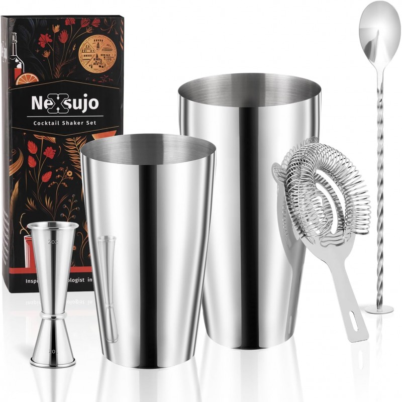 Boston Cocktail Shaker Set, 4-Piece Bar Tools Set, Professional Bar Set with Boston Shaker, Bar Spoon, Jigger, Hawthorne Strainer, Stainless Steel, Dishwasher Safe, Ideal Bartender Kit for Bar