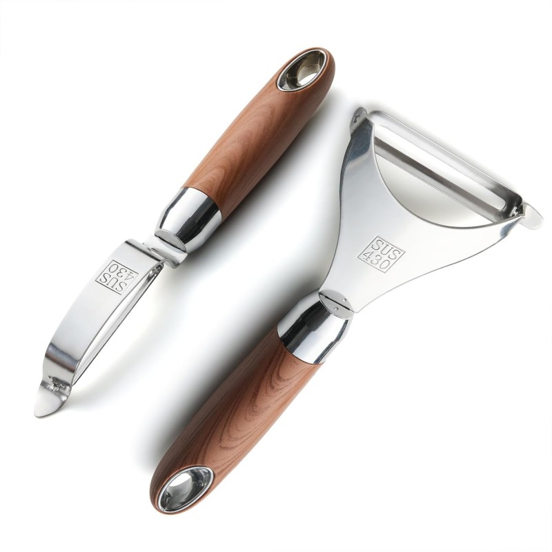 Premium Stainless Steel Multifunctional Kitchen Fruit and Vegetable Peeler with Natural Wood Handle，Ultra Sharp Strong Blade - 2 PCS