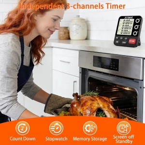 Digital Dual Kitchen Timer, 3 Channels Count Down/Up Multi Timer with Memory-Preset Magnetic Back & Large Display Adjustable Alarm Volume, Suit for Food Cooking, Black