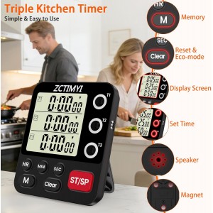 Digital Dual Kitchen Timer, 3 Channels Count Down/Up Multi Timer with Memory-Preset Magnetic Back & Large Display Adjustable Alarm Volume, Suit for Food Cooking, Black