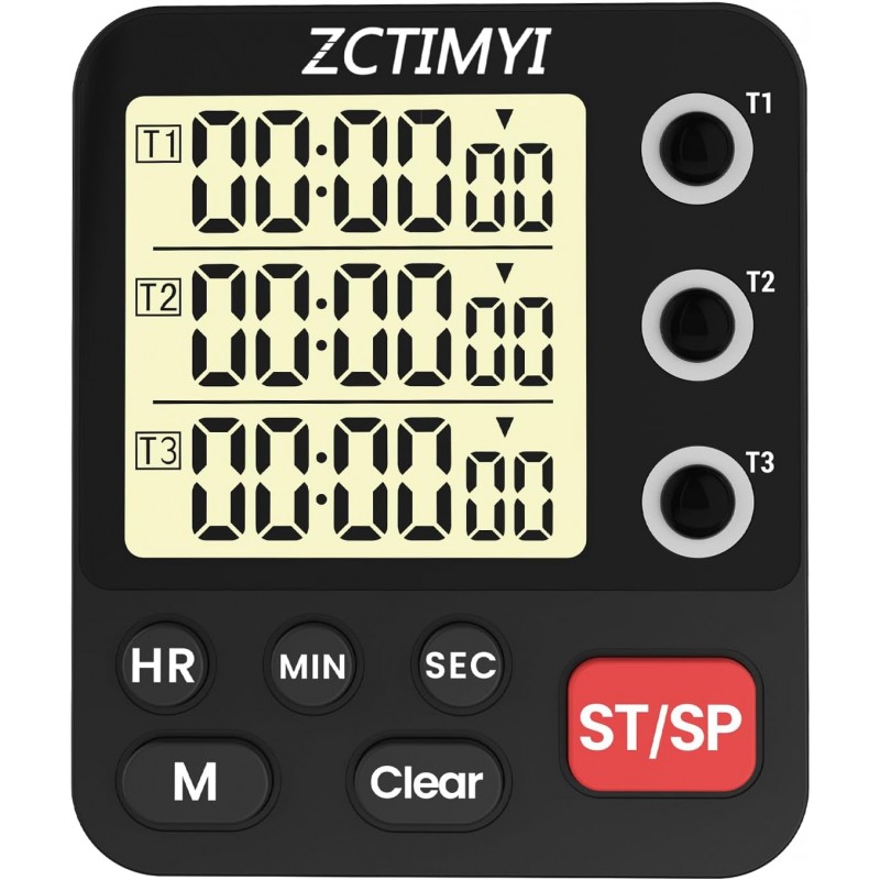 Digital Dual Kitchen Timer, 3 Channels Count Down/Up Multi Timer with Memory-Preset Magnetic Back & Large Display Adjustable Alarm Volume, Suit for Food Cooking, Black