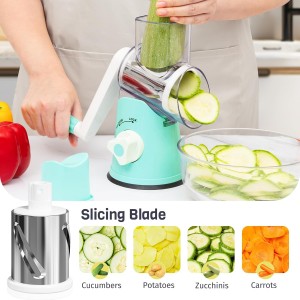 Rotary Cheese Grater Hand Crank, 3 Interchangeable Blades, Shredder Slicer, Strong Suction Base, No-Cut-Hands Design for Parmesan Mozzarella Vegetables Nuts, Fast Kitchen Prep Tool, Blue