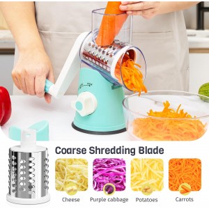 Rotary Cheese Grater Hand Crank, 3 Interchangeable Blades, Shredder Slicer, Strong Suction Base, No-Cut-Hands Design for Parmesan Mozzarella Vegetables Nuts, Fast Kitchen Prep Tool, Blue