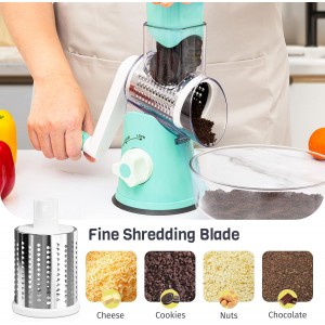 Rotary Cheese Grater Hand Crank, 3 Interchangeable Blades, Shredder Slicer, Strong Suction Base, No-Cut-Hands Design for Parmesan Mozzarella Vegetables Nuts, Fast Kitchen Prep Tool, Blue
