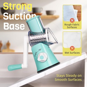 Rotary Cheese Grater Hand Crank, 3 Interchangeable Blades, Shredder Slicer, Strong Suction Base, No-Cut-Hands Design for Parmesan Mozzarella Vegetables Nuts, Fast Kitchen Prep Tool, Blue