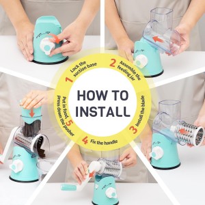 Rotary Cheese Grater Hand Crank, 3 Interchangeable Blades, Shredder Slicer, Strong Suction Base, No-Cut-Hands Design for Parmesan Mozzarella Vegetables Nuts, Fast Kitchen Prep Tool, Blue