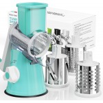 Rotary Cheese Grater Hand Crank, 3 Interchangeable Blades, Shredder Slicer, Strong Suction Base, No-Cut-Hands Design for Parmesan Mozzarella Vegetables Nuts, Fast Kitchen Prep Tool, Blue