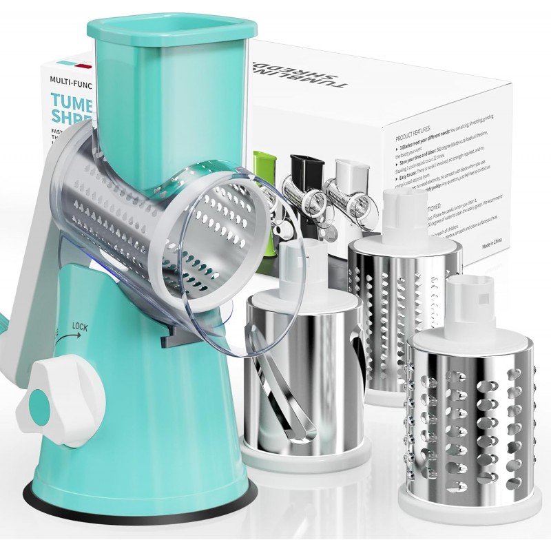 Rotary Cheese Grater Hand Crank, 3 Interchangeable Blades, Shredder Slicer, Strong Suction Base, No-Cut-Hands Design for Parmesan Mozzarella Vegetables Nuts, Fast Kitchen Prep Tool, Blue