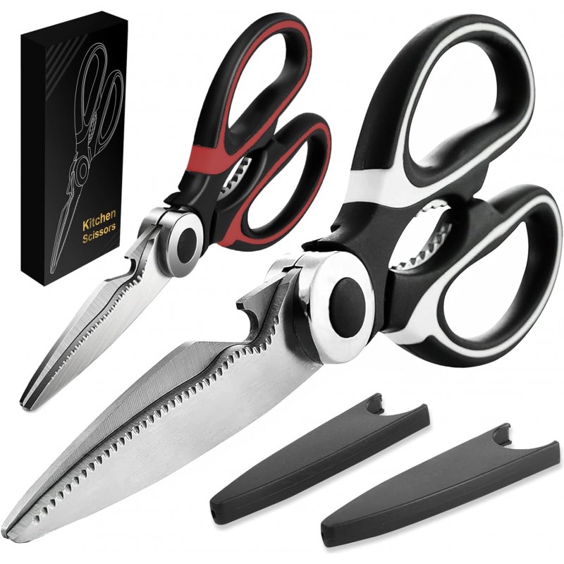 Kitchen Scissors All Purpose 2 Pack, Heavy Duty Kitchen Shears, Shears with Protective Sheath, Cutting Meat, Food, Fish, Poultry Multipurpose Sharp Sissors for Dishwasher Safe (Black)
