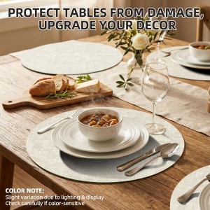 Round Placemats Set of 6, 15 Inch Faux Leather Place mats, Washable Wipeable Non Slip, Heat Resistant Waterproof Vinyl Table Mats for Dining Table, Kitchen, Party, Beige