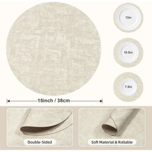 Round Placemats Set of 6, 15 Inch Faux Leather Place mats, Washable Wipeable Non Slip, Heat Resistant Waterproof Vinyl Table Mats for Dining Table, Kitchen, Party, Beige