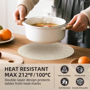 Round Placemats Set of 6, 15 Inch Faux Leather Place mats, Washable Wipeable Non Slip, Heat Resistant Waterproof Vinyl Table Mats for Dining Table, Kitchen, Party, Beige