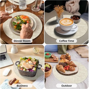 Round Placemats Set of 6, 15 Inch Faux Leather Place mats, Washable Wipeable Non Slip, Heat Resistant Waterproof Vinyl Table Mats for Dining Table, Kitchen, Party, Beige