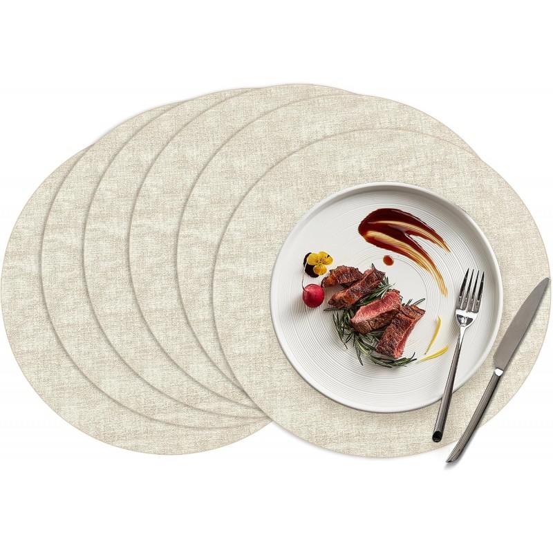 Round Placemats Set of 6, 15 Inch Faux Leather Place mats, Washable Wipeable Non Slip, Heat Resistant Waterproof Vinyl Table Mats for Dining Table, Kitchen, Party, Beige