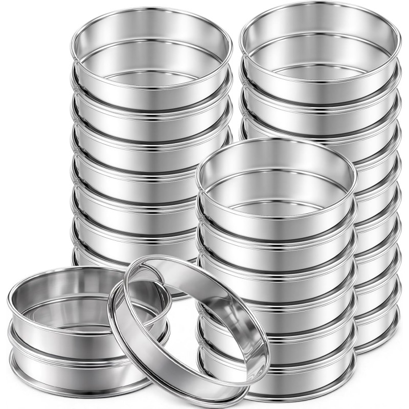 25 Pcs 4 Inch English Muffin Ring, Double Rolled Tart Rings, Stainless Steel Crumpet Rings, Round Metal Cooking Pastry Ring Molds, for Baking Fluffy Muffins, Pancakes, Pastry, Omelette, Silver