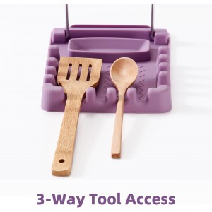 Silicone Utensil Rest with Foldable Stainless Steel Lid Holder – Multi-Slot Spoon & Spatula Holder, Heat Resistant, Non-Slip Rubber Feet, Dishwasher Safe, Space-Saving Kitchen Tool-grey