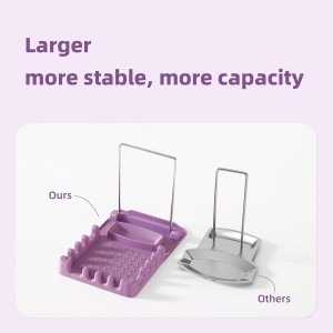 Silicone Utensil Rest with Foldable Stainless Steel Lid Holder – Multi-Slot Spoon & Spatula Holder, Heat Resistant, Non-Slip Rubber Feet, Dishwasher Safe, Space-Saving Kitchen Tool-grey