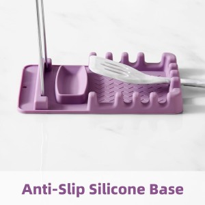 Silicone Utensil Rest with Foldable Stainless Steel Lid Holder – Multi-Slot Spoon & Spatula Holder, Heat Resistant, Non-Slip Rubber Feet, Dishwasher Safe, Space-Saving Kitchen Tool-grey