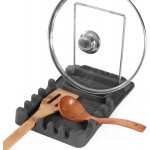 Silicone Utensil Rest with Foldable Stainless Steel Lid Holder – Multi-Slot Spoon & Spatula Holder, Heat Resistant, Non-Slip Rubber Feet, Dishwasher Safe, Space-Saving Kitchen Tool-grey
