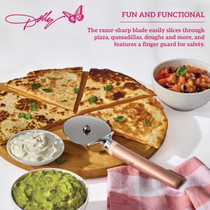 Dolly Parton Pizza Wheel with Blush Design – Stainless Steel Blade, Ergonomic Handle with Finger Guard, Dishwasher Safe, 8.7 Inch
