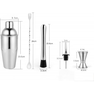 Cocktail Shaker Set, 6-Piece 24oz Shaker Strainer Muddler Jigger Mixing Spoon Pourers (Set of 6)
