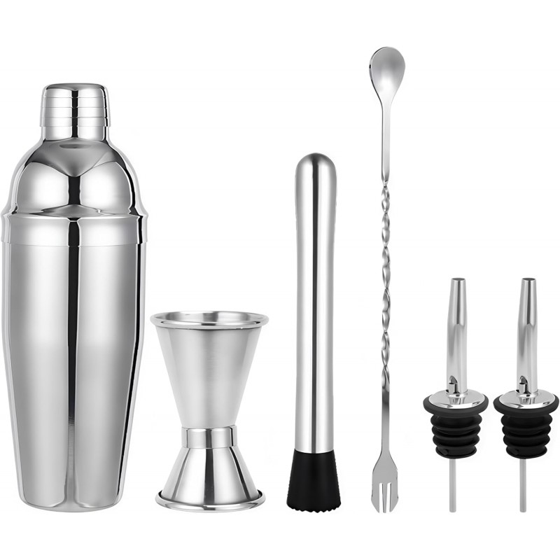 Cocktail Shaker Set, 6-Piece 24oz Shaker Strainer Muddler Jigger Mixing Spoon Pourers (Set of 6)