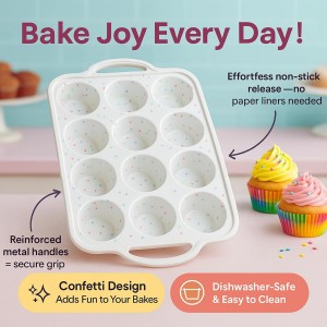 2-Pack Silicone Muffin Pan Set – Regular 12 Cup & Mini 24-Cup Silicone Muffin Pans for Baking – Nonstick Silicone Cupcake Pan with Metal-Reinforced Handles – BPA-Free, Dishwasher-Safe, Cream