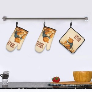Cute Cat Oven Mitts and Pot Holder Set, Funny Heat Resistant Kitchen Gloves Hot Pad, Cooking Baking Lovers Spring Easter Gifts for Women, Whimsical Kitchen Decor & Gifts for Chef Cooks Cat Lovers Mom