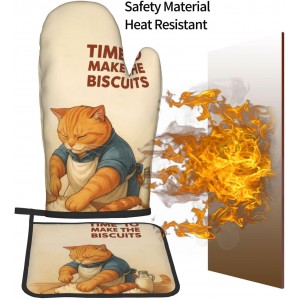 Cute Cat Oven Mitts and Pot Holder Set, Funny Heat Resistant Kitchen Gloves Hot Pad, Cooking Baking Lovers Spring Easter Gifts for Women, Whimsical Kitchen Decor & Gifts for Chef Cooks Cat Lovers Mom