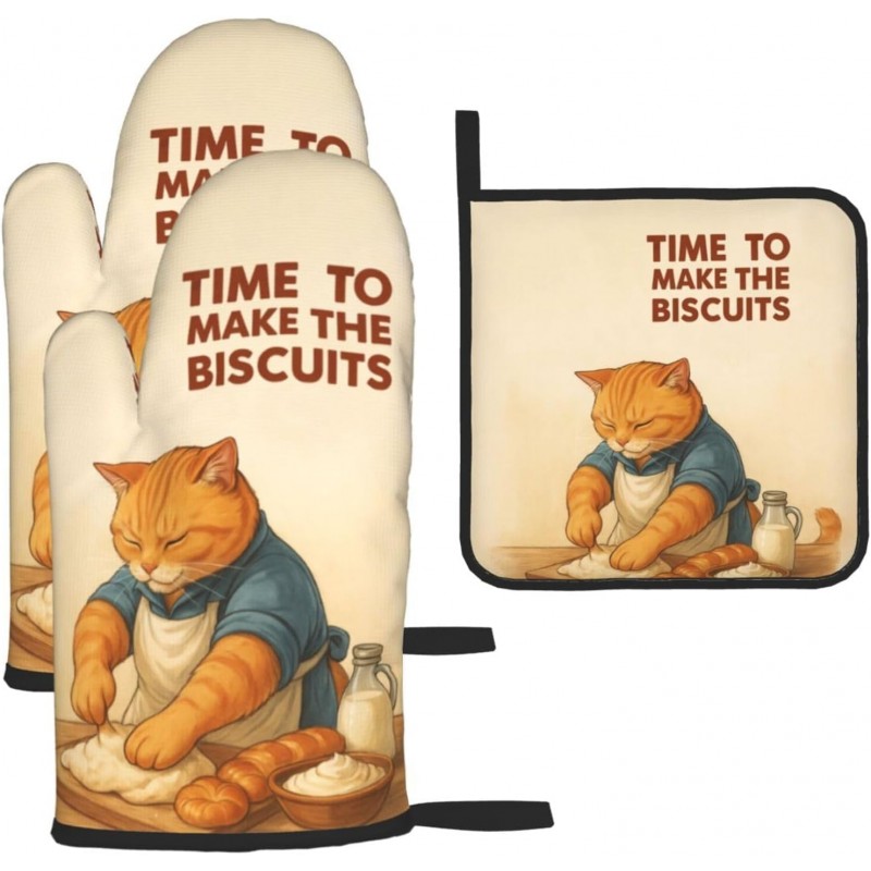 Cute Cat Oven Mitts and Pot Holder Set, Funny Heat Resistant Kitchen Gloves Hot Pad, Cooking Baking Lovers Spring Easter Gifts for Women, Whimsical Kitchen Decor & Gifts for Chef Cooks Cat Lovers Mom